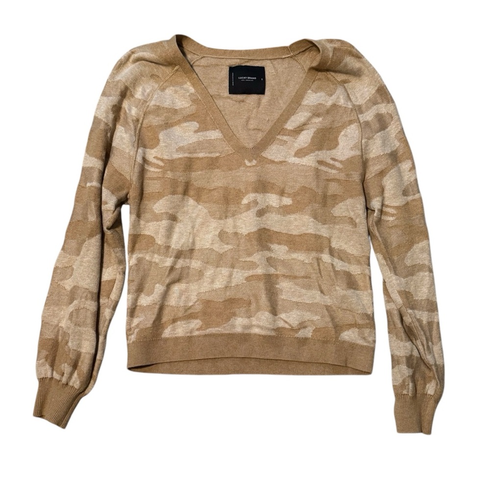Lucky Brand Women’s V-Neck Tan Camo Sweater, Small NWOT